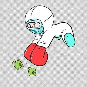 身穿防护服和病毒战斗的可爱人物