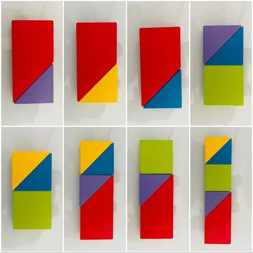 正方形,梯形等进行拼摆,完成下方图片《雨伞》,让宝贝感受图形组合与