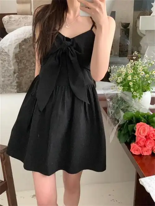 现货 韩版高腰显瘦吊带夏季甜美连衣裙蝴蝶结短裙 - 17网