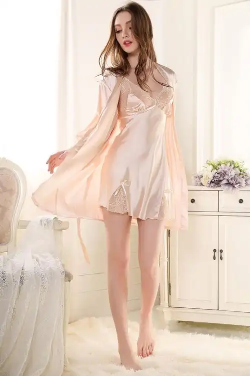 少女长袖丝绸家居服蕾丝性感诱人睡衣女士两件套装时尚潮流女人睡袍