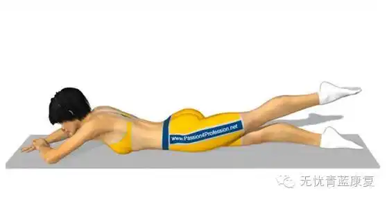 俯卧位,两臂抬起置于腰后,双下肢有节奏地用力向后抬起,放下,同时