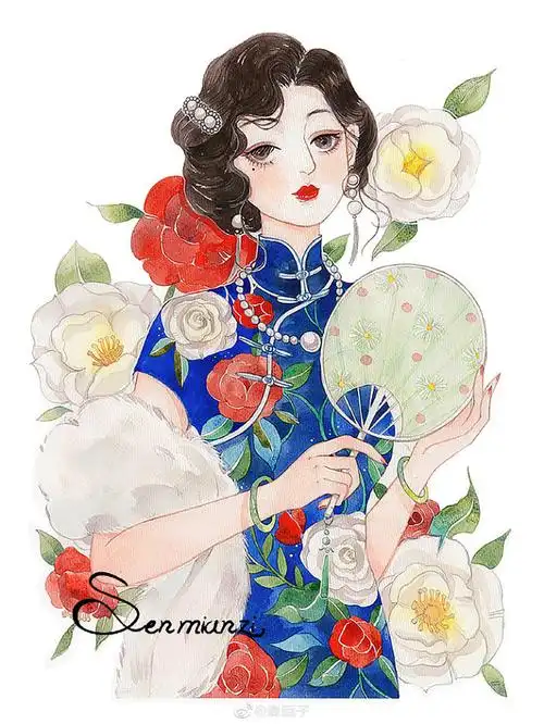 夜上海旗袍美人手绘水彩作者森眠子