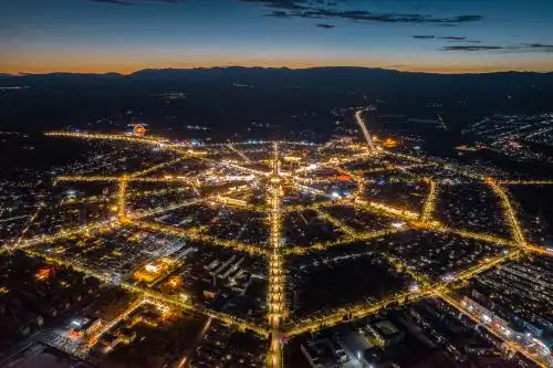 航拍中国新疆伊犁特克斯八卦城夜景