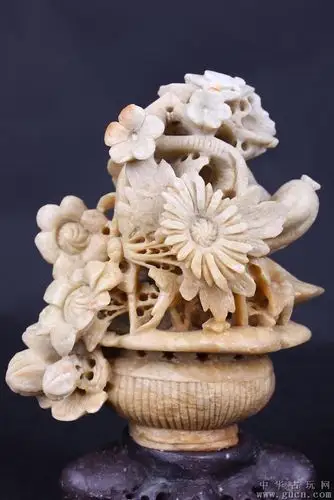 民国寿山青田石雕花草盆景摆件