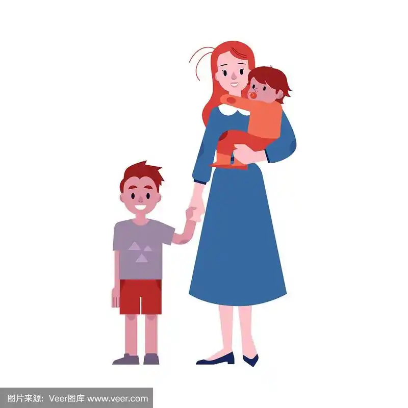 矢量插图的年轻母亲和她的两个孩子孤立在白色的背景.