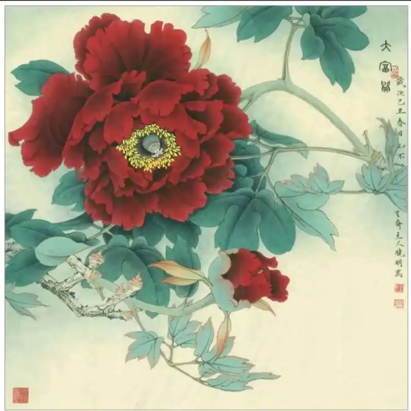 李晓明工笔牡丹斗方作品大富贵细节图分享