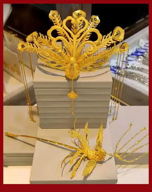 钰帛工坊 中式婚嫁黄金凤钗凤冠女999足金凤凰头饰嫁妆结婚金首饰 999