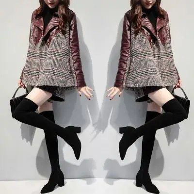 2019新款女装冬两件套裤千鸟格拼接毛呢短外套短裤休闲时尚套装女