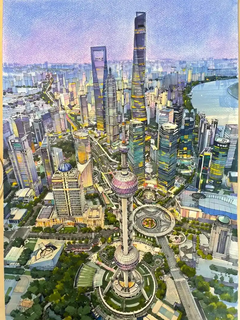 魔都鸟瞰,东方明珠.#马克笔手绘 #手绘 #上海 #陆家嘴  - 抖音