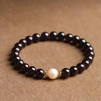 潮饰纪品牌撤柜酒红石榴石手链女珍珠转运珠手串单圈七夕情人节女友