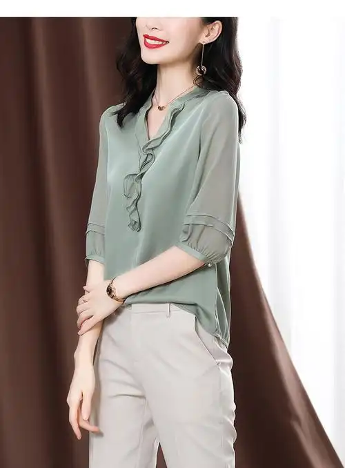 珂语瑶轻奢品牌女装 重磅真丝短袖衬衫女2020夏装新款木耳边缎面宽松