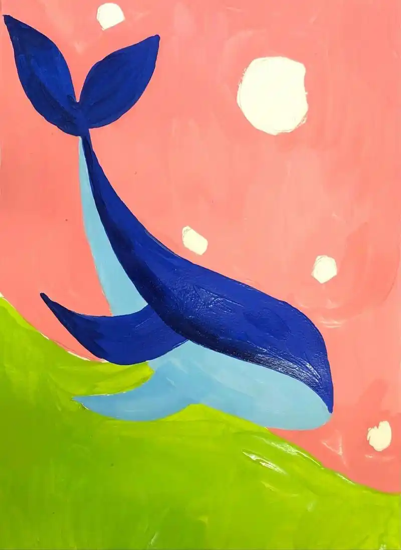 儿童水粉画动物《鲸鱼》有过程图 适合八岁以上 工具:水粉颜料,水粉笔