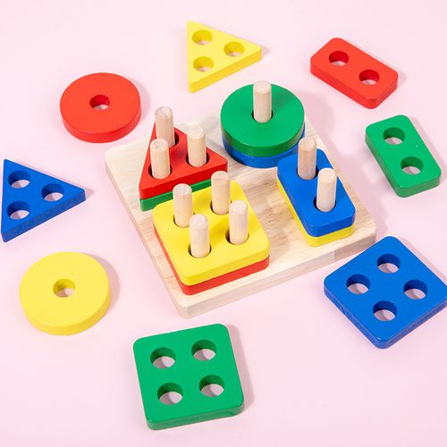2-3岁早教教具木制彩色智慧几何形状四套柱图形 儿童组合益智玩具