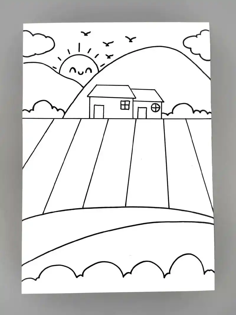 秋天风景画,一起来画《秋天的田野》风景画吧,简单 - 抖音