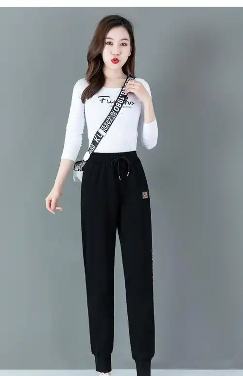 summa时尚品牌 松紧腰卫裤女2021春秋季新款宽松休闲束脚运动裤高腰