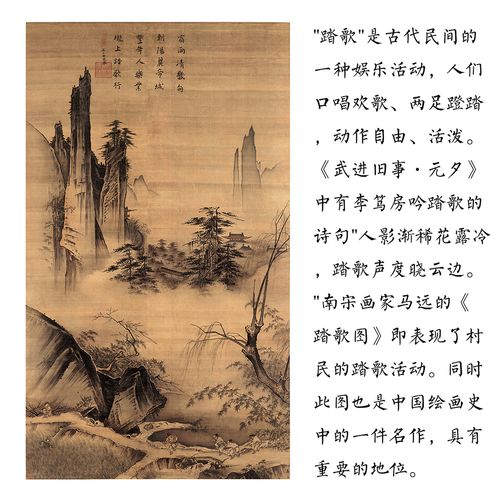 古代微喷艺术绢本山水画国画名画图踏歌踏歌图国画