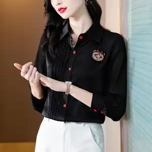 黑色真丝衬衫女长袖秋装新款衬衣休闲百搭女士宽松缎面上衣图片