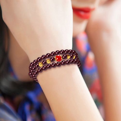 三圈石榴石串黄金转运珠手链小众幸运水晶红宝石手串闺蜜生日礼物