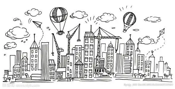 手写素描城市建设插画设计设计图建筑园林自然景观