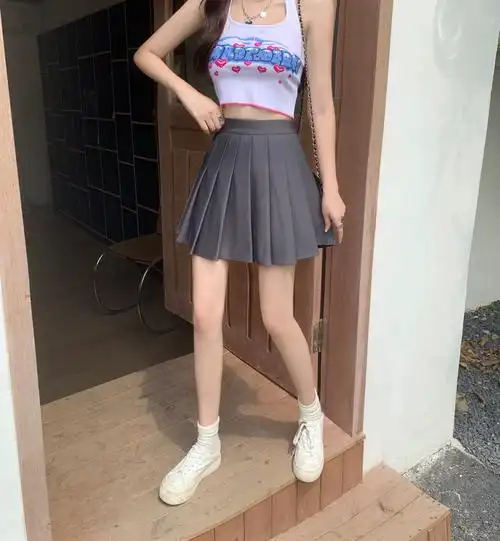 实拍春夏大码弹力松紧高腰百褶裙学院风口袋遮胯半身裙短裙