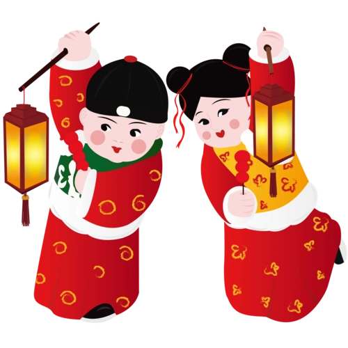 元宵节金童玉女赏花灯矢量图