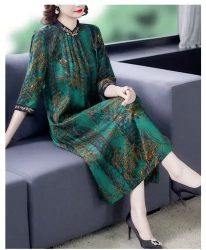 雅鹿旗舰官方 中国风气质春装七分袖长款香云纱桑蚕丝真丝改良旗袍