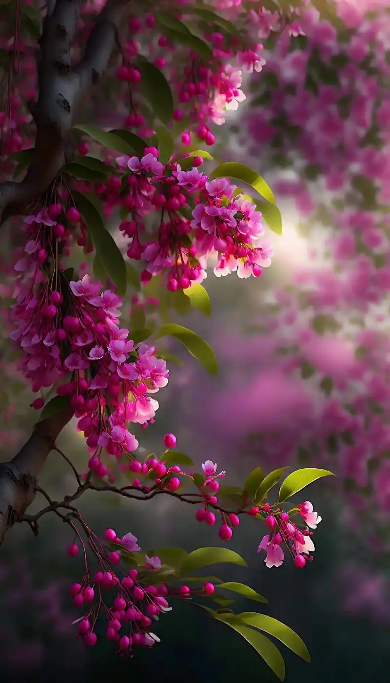 花园里垂丝海棠特写,大师作品,海棠花,红色的粉色的浅紫色的, - 抖音