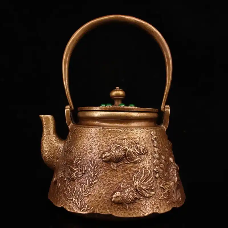 珍藏乡下收老纯铜纯手工打造镶嵌宝石金鱼茶壶一把 重1409克 - 抖音