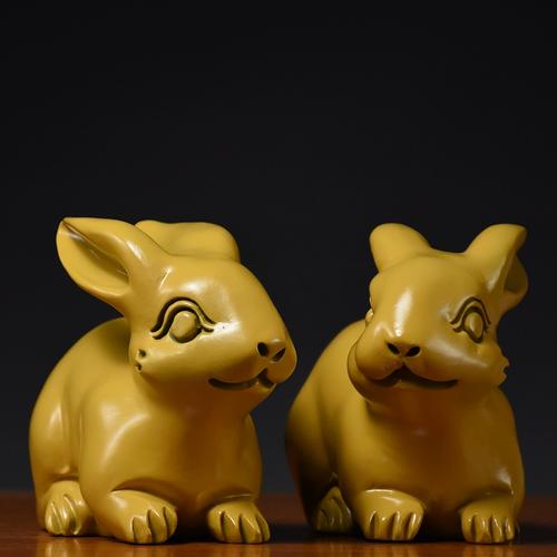 实木黄色兔子摆件木质生肖垂耳兔木头雕刻青兔福兔木制车载工艺品