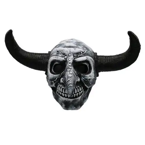 跨境热卖黑色牛角面具万圣节骷髅头恐怖乳胶头套长鼻子牛头面具