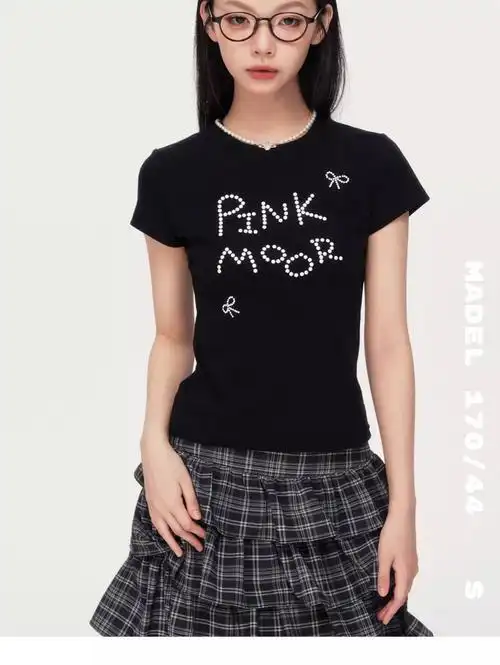 1*1纯棉210克 发泡夏季白色珍珠字母弹力短袖t恤女短上衣修身显瘦