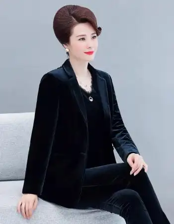 妈妈金丝绒上衣西服单件春秋西装外套女中年一粒扣修身丝绒小大码黑色
