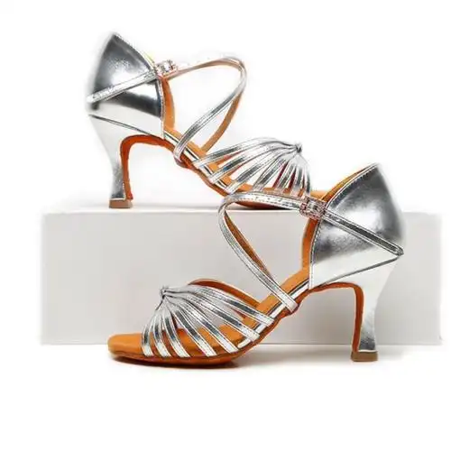 舞蹈鞋女软底跳舞鞋拉丁舞鞋高跟鞋女成人中跟新款鞋7.5银色黑色0