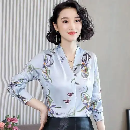 真丝上衣女式杭州桑蚕丝气质衬衣印花欧货小衫长袖高档洋气花衬衫