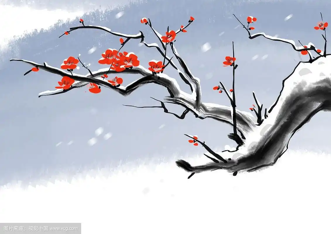 中国传统水墨花卉插画梅花飘雪