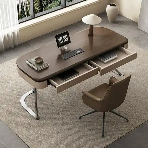 高档实木书桌现代极简客厅家用书房办公桌胡桃木饰面马鞍皮电脑桌