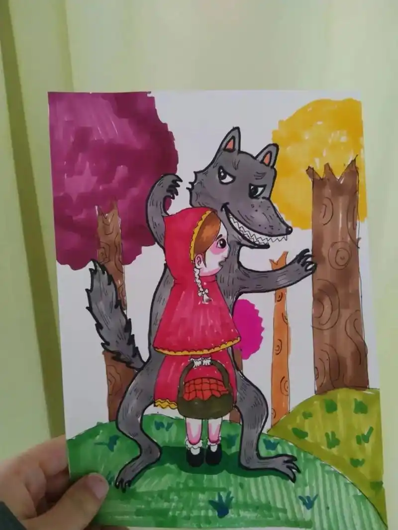 《小红帽与大灰狼》儿童主题画.还记得童年里的小红帽吗?#画画 - 抖音