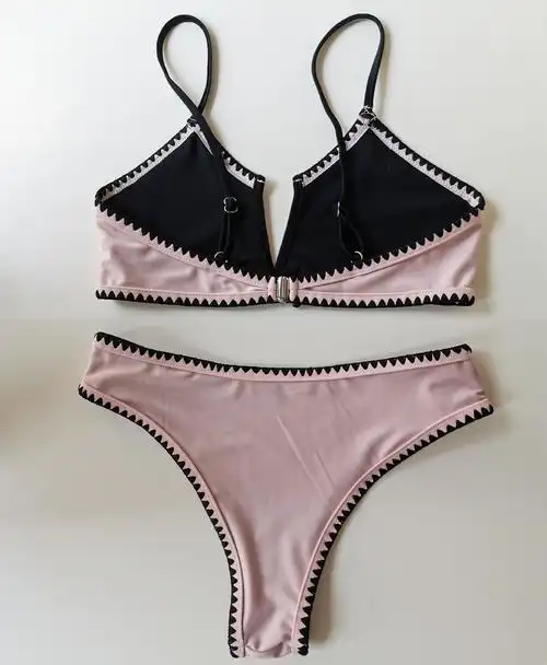 欧美鲨鱼牙手工钩花泳衣女黑白系带性感小胸聚拢比基尼刺绣bik