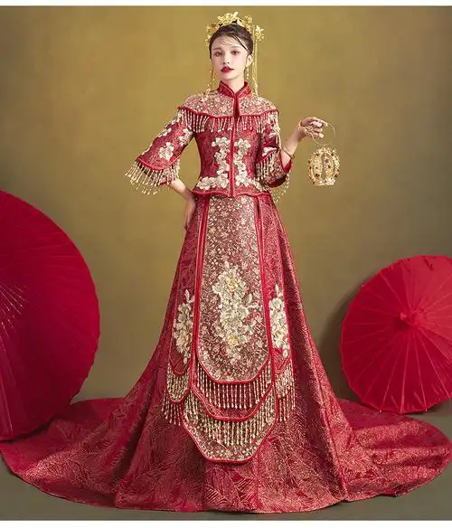 秀禾服新娘2020新款凤冠霞帔结婚古装婚纱中式礼服拖尾秀禾中国风