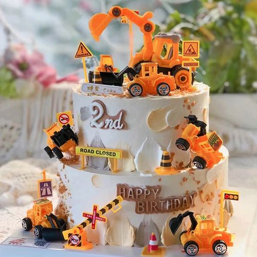 男孩生日蛋糕工程车挖掘机蛋糕装饰摆件插件汽车塔吊儿童生日布置