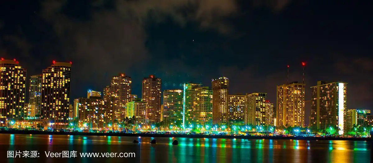 檀香山,夜晚,夏威夷,太平洋岛屿,滨水