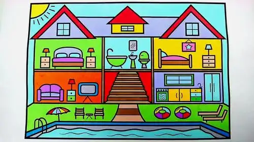 儿童早教绘画视频,教孩子们绘制一个带泳池的房子