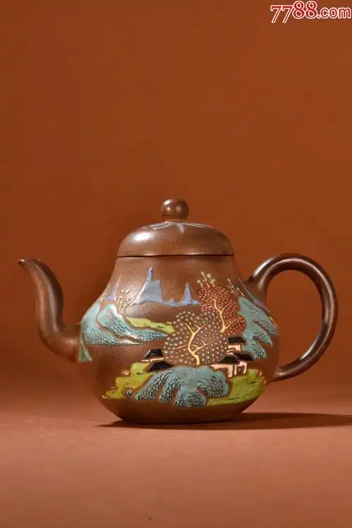 紫砂彩绘山水茶壶_紫砂壶_种类图片_收藏价格_7788茶具