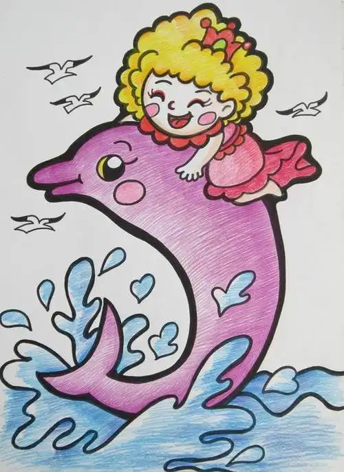 美丽的海豚儿童画海豚蜡笔画海豚