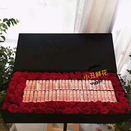 【有钱花-花盒】玫瑰花 人民币,玫瑰长盒礼盒,送爱人家人朋友