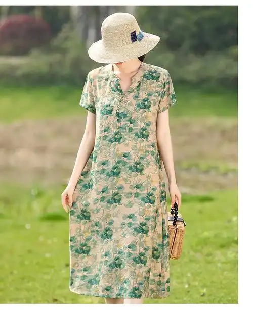 rindu品牌【时尚轻奢】素订棉麻女装旗舰店原创2022文艺连衣裙民族风