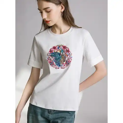 白色新中式国风短袖t恤女新款春夏季设计感小众刺绣打底衫ins