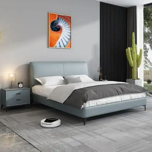 【点陌】极简卧室成人床时尚舒适软包靠背皮床1.8m(浅天蓝-科技布)