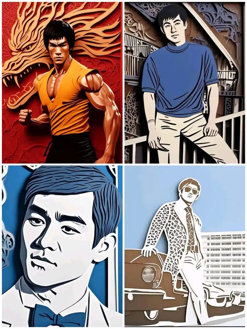 截拳道创始人 李小龙 剪纸.李小龙出生在美国加州,被誉为