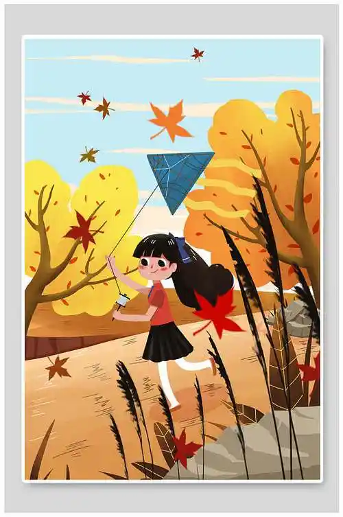 手绘风少女放风筝黄色落叶立秋插画